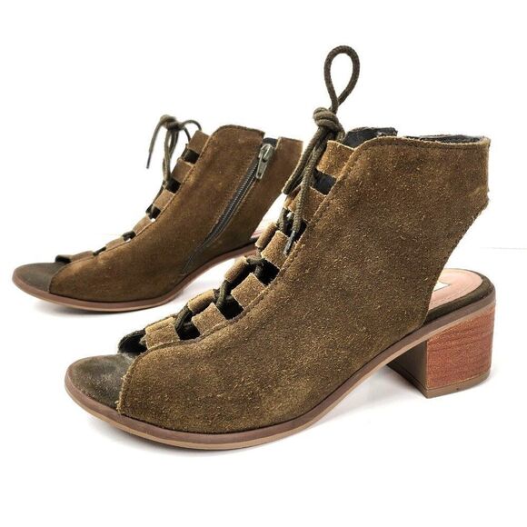 Steve Madden Adelene Olive Green Suede Lace up Peep Toe Block Heels Sandals sz 8 - Picture 1 of 10